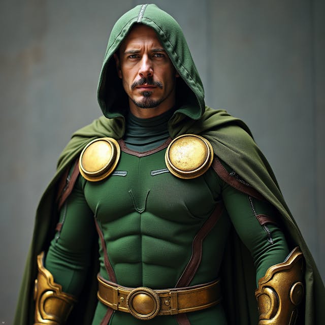 creative action view as a marvel comic book character Tony Starks wearing the Dr Doom costume but no mask but his normal human face,