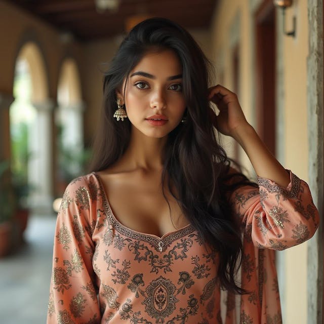 a fair skin girl wearing a body hugging printed shalwar kameez that has a round neckline revealing a significant amount of cleavage. a duppata is draping off one of her shoulder. She is tucking her hair with one hand. She has lifted big breasts and deep cleavage The image quality is grainy, with a slight blur softening the details. The setting is in an airy lobby, lighting is strong and natural, The background has a touch of a traditional rural indian household, she is lo