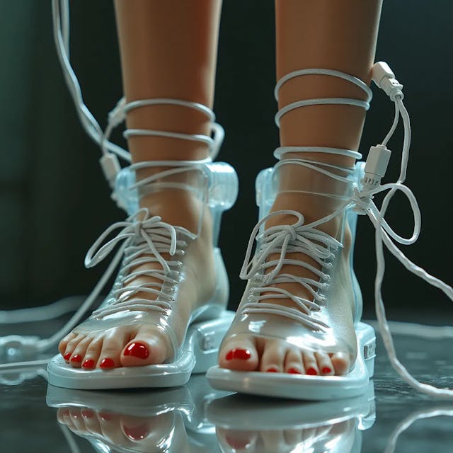 Girls feet confined in translucent futuristic shoes toes in toe rings, electrical remote cuffed. Shoes are locked up around the ankles. Electrical wires around feet.