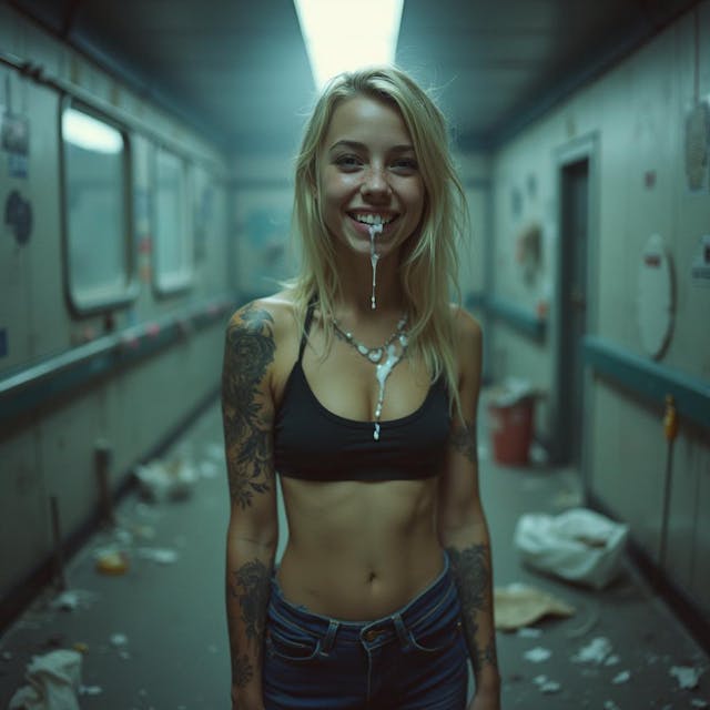 Sensitive picture of teen blonde tatooed girl. She is standing in futuristic corridor. She is smiling and little bit shy. Small amount of soapy white fluid is flowing from her mouthe. the mood is dark and image is grainy. there is a lot of  trash around