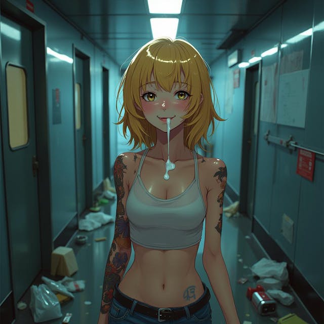 Sensitive reallistic anime style picture of teen blonde tatooed girl. She is standing in futuristic corridor. She is smiling and little bit shy. Small amount of soapy white fluid is flowing from her mouthe. the mood is dark and image is grainy. there is a lot of  trash around