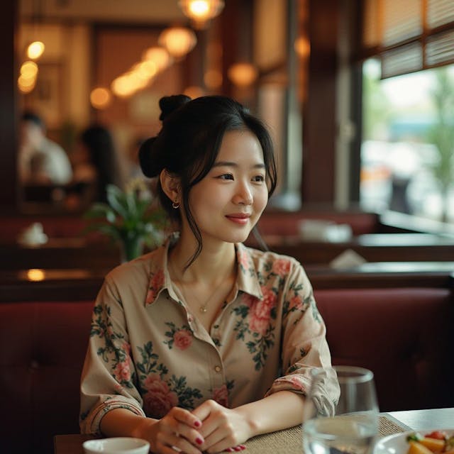 analog photo of a chinese 30yo woman sits at table in luxus restaurant