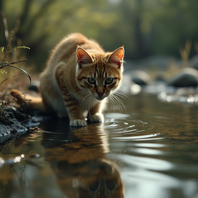 Un gatto che si guarda su uno specchio d'acqua di un laghetto di campagna, cinematic, photorealistic