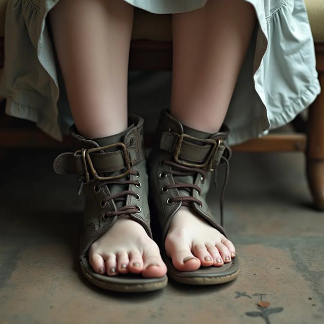 Scandinavian girl wearing  confinement shoes, oped toed, ankle cuffs implemented.