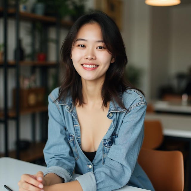 a portrait of a young Chinese woman, early 20s, show cleavage, casual clothes, smiling, leaning on a desk