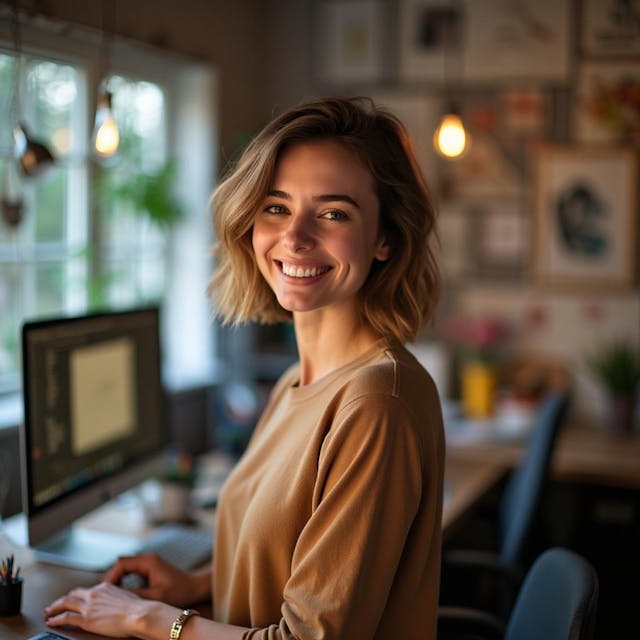 smiling female designer, light brown hair, short haircut, full length, against the backdrop of a workroom, in the background a table, a computer, working trifles for a graphic designer. professional realistic photo. atmosphere of creativity and joy