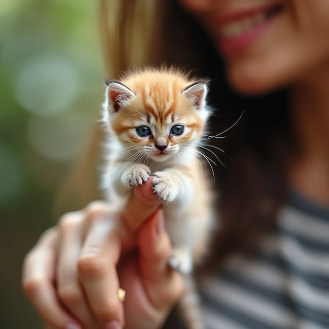 A tiny fluffy kitten cub sits on the tip of a woman's finger