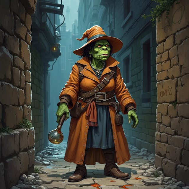 A  detailed DND fantasy full body illustration. A female orc, green skin, she is old. She looks concentrated, she is rounder, small tusks coming up from mouth. She wears a warm colorful wizards outfit and dress. She is a wizard detective who is solving a magical murder with her powers. Standing in a dark cobblestone alley with a spilled potion on the ground and magic glowing runes scribed on the wall.