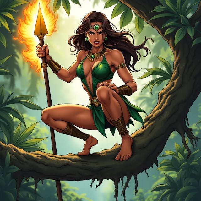 Comic art of a powerful and confident jungle warrior woman superhero with brown hair, a smooth and athletic body that is not overly muscular. She looks angry and frustrated, crouching barefoot on a sturdy tree branch, gripping a spear with a huge blade emitting golden fire powers. Her long, dark hair flows freely, and she wears a green, leaf-inspired outfit that accentuates her toned physique. Golden jewelry, including a necklace, arm bands, and emerald earrings, adorns her body, with a forehead ornament adding to her regal appearance. Her bare feet grip the branch firmly, emphasizing her agility and connection to nature. The lush jungle around her, with large leaves and sunlight filtering through the trees, creates an atmosphere of adventure and mystery as she prepares for the challenges ahead. A dynamic comic-style illustration of a fierce jungle warrior woman superhero, her smooth, athletic body poised in a crouch on a sturdy tree branch. She has brown hair and a powerful, yet not overly muscular physique. Her expression is one of anger and frustration as she grips a spear with a massive blade that crackles with golden fire energy. She wears a green, leaf-inspired outfit that clings to her body, highlighting her strength. Golden jewelry, including a necklace, arm bands, and emerald earrings, adds a touch of elegance, while a forehead ornament crowns her head. Her bare feet are firmly planted on the branch, showing her deep connection to the natural environment. The surrounding jungle is lush and vibrant, with sunlight streaming through the dense foliage, creating an adventurous and mysterious atmosphere. A comic book scene featuring a powerful and confident jungle warrior woman superhero with long brown hair, crouching barefoot on a sturdy tree branch. Her body is smooth and toned, not overly muscular, and she looks angry and frustrated. In one hand, she grips a spear with a huge blade that radiates golden fire powers. Her green, leaf-inspired outfit accentuates her athletic build, and she is adorned with golden jewelry, including a necklace, arm bands, emerald earrings, and a forehead ornament. Her bare feet clutch the branch, reflecting her agility and natural connection. The jungle around her is dense and lush, with large leaves and sunlight filtering through, adding to the scene’s sense of mystery and impending action. An intense comic art depiction of a beautiful and powerful jungle warrior woman superhero. She has brown hair and a smooth, athletic body that is strong but not overly muscular. She crouches barefoot on a sturdy tree branch, her face twisted in anger and frustration. In her hand, she wields a spear with a massive blade that emits fiery golden energy. Her long dark hair flows wildly, and she wears a green, leaf-themed outfit that highlights her toned physique. Golden jewelry, including a necklace, arm bands, and emerald earrings, complements her look, with a delicate forehead ornament adding a regal touch. Her bare feet grip the branch firmly, emphasizing her connection to the natural world. The jungle around her is lush and vibrant, with sunlight filtering through the trees, creating a setting full of adventure and mystery. A comic-style illustration of a confident and powerful jungle warrior woman superhero with long brown hair, crouching barefoot on a sturdy tree branch. Her body is smooth and athletic, with an air of strength and agility, but not overly muscular. She looks angry and frustrated, gripping a spear with a huge blade that crackles with golden fire energy. She wears a green, leaf-inspired outfit that accentuates her physique, and her body is adorned with golden jewelry, including a necklace, arm bands, emerald earrings, and a forehead ornament. Her bare feet cling to the branch, symbolizing her deep connection with the jungle. The surrounding environment is lush and dense, with large leaves and sunlight piercing through, creating a mysterious and adventurous atmosphere as she prepares for the challenges ahead.