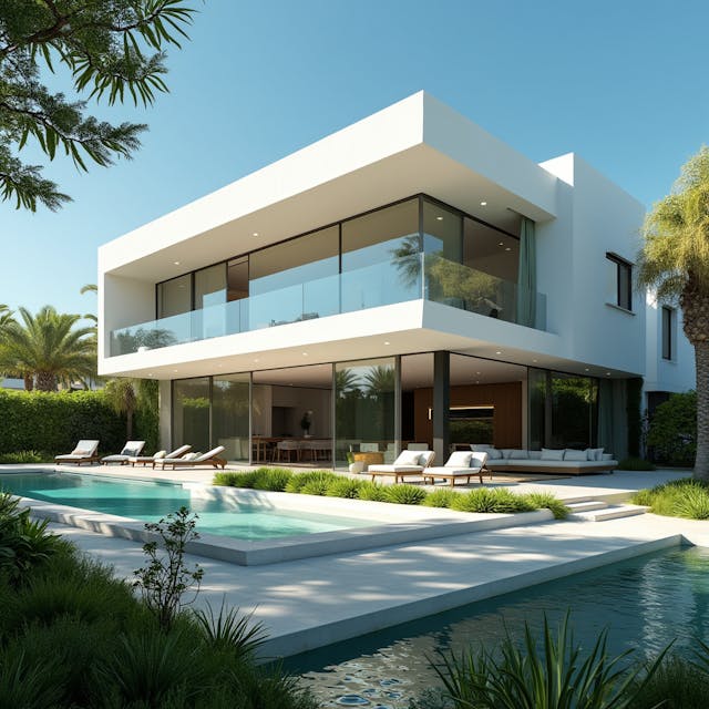 A beautiful modern house in Spain with large, white plastic windows, viewed from the outside. The house features sleek, minimalist architecture with clean lines and a contemporary design. The exterior walls are in shades of white and neutral tones, blending perfectly with the lush green landscaping that surrounds the house. The windows are prominent and reflective, allowing a glimpse of the bright, airy interior. The scene is set under a clear blue Mediterranean sky, creating a bright and inviting atmosphere.