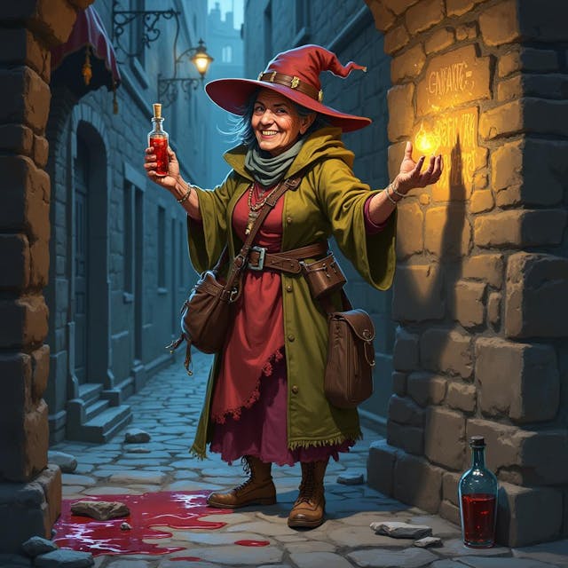 A  detailed DND fantasy full body illustration. A female half orc, she is old and grandmotherly. Warm inviting smile, small teeth/tusks coming up from mouth. She wears a warm colorful wizards outfit and dress. She is a wizard detective who is solving a magical murder with her powers. Standing in a dark cobblestone alley with a spilled potion on the ground and magic glowing runes scribed on the wall.