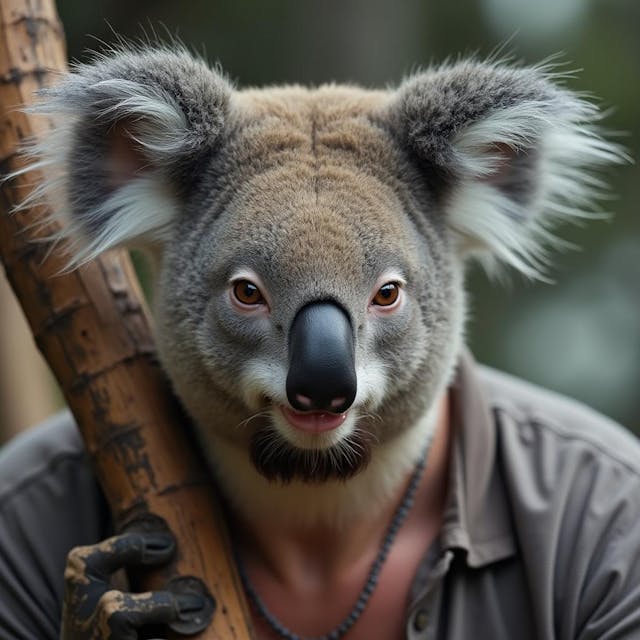 man with koala's face, however looking very human with tine Koala details