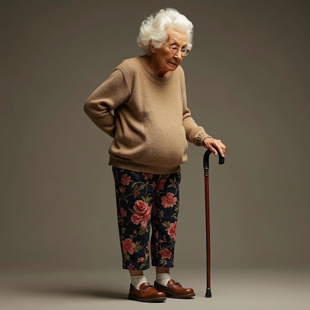 The grandmother's entire appearance with a cane and her waist bent, the top and the bottom of the sweater, the bottom of the flower patterned pants