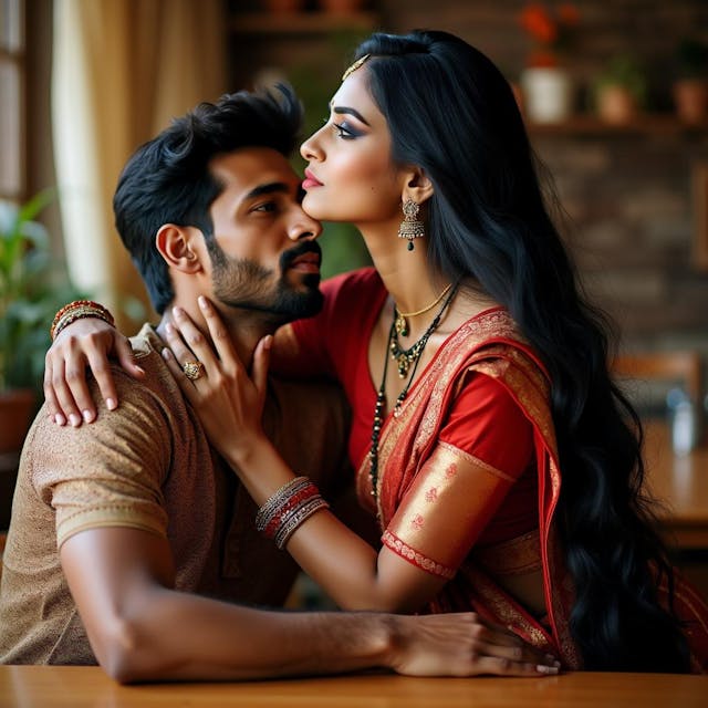 Beautiful Indian woman hugging a young man sitting on her lap. She looks up seriously as the young man kisses her neck.  She has black very long fantasy hair.  Both of them are sitting on a wooden table wearing traditional Indian attire.