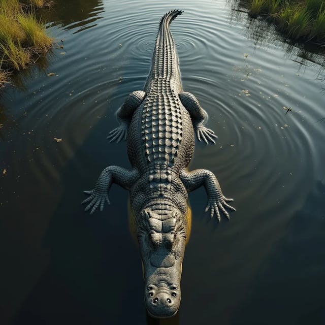 image shows from above a large crocodile standing with its enormous head out of the water, part of its back and enormous tail also appear out of the water in a wide river of black waters