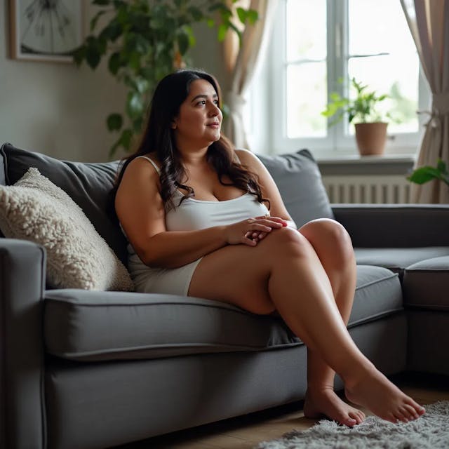 A thick-legged woman is sitting on the couch with her legs crossed.