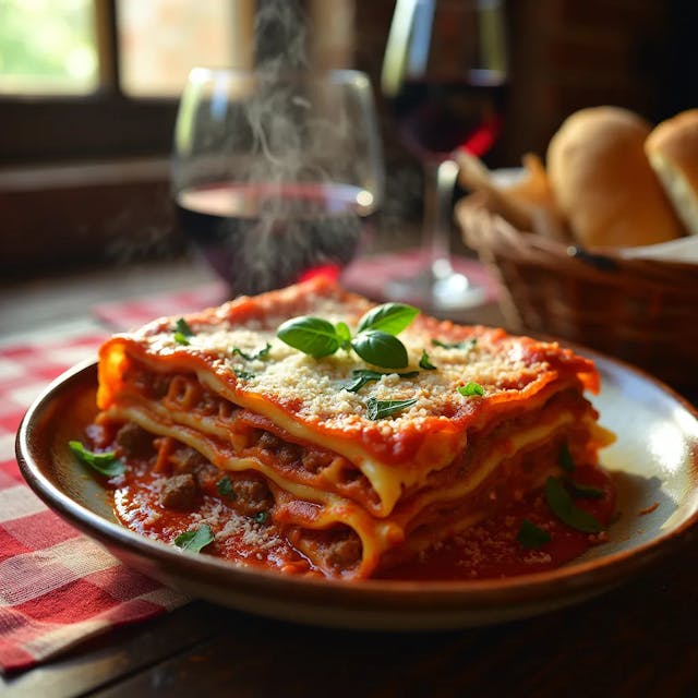 A steaming slice of lasagna on a rustic ceramic plate, layers of golden pasta sheets visible beneath a rich, bubbling tomato sauce. Melted mozzarella stretches as the piece is lifted, revealing pockets of savory ground beef and creamy ricotta. Flecks of vibrant green basil and a dusting of grated Parmesan add color contrast. The lasagna rests on a weathered wooden table, surrounded by a red-and-white checkered tablecloth, suggesting an Italian trattoria setting. Soft, warm lighting from a nearby window casts a golden glow, highlighting the glistening cheese and creating appetizing shadows. A half-filled glass of red wine and a rustic bread basket complete the scene. The composition focuses on the lasagna slice in the foreground, with the table setting slightly blurred in the background. Captured in a style reminiscent of moody food photography, emphasizing texture and depth. Wisps of steam rise from the dish, carrying the aroma of herbs and garlic, while the sauce slowly oozes between the layers, promising a comforting, hearty meal.