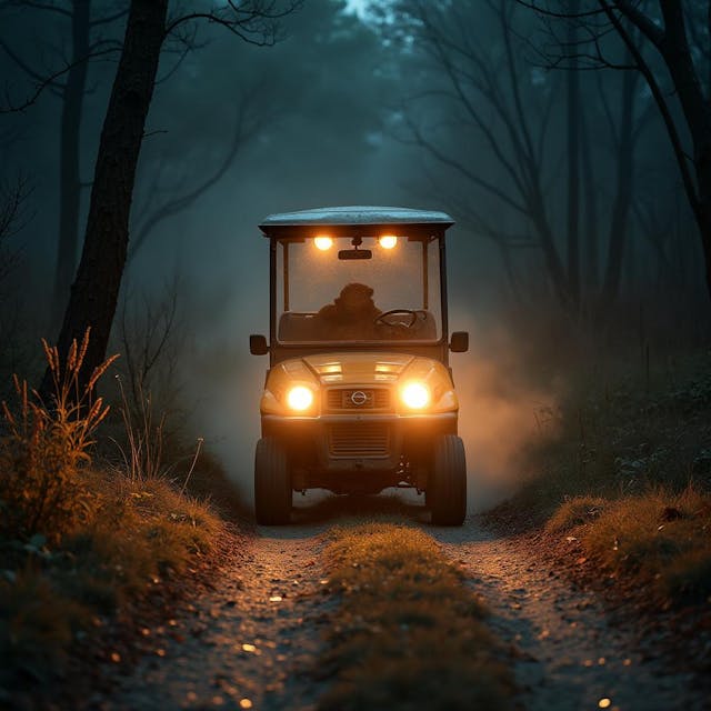 headlight illuminating the dark dirt road ahead as the cart moves forward