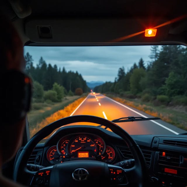 show the view from inside the truck cabin with the headlight illuminating the road ahead