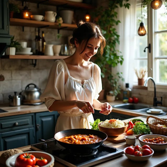 woman is cooking at kitchen , turkish style