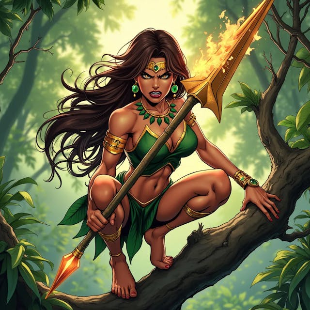 Comic art of a powerful and confident jungle warrior woman superhero with brown hair, a smooth and athletic body that is not overly muscular. She looks angry and frustrated, crouching barefoot on a sturdy tree branch, gripping a spear with a huge blade emitting golden fire powers. Her long, dark hair flows freely, and she wears a green, leaf-inspired outfit that accentuates her toned physique. Golden jewelry, including a necklace, arm bands, and emerald earrings, adorns her body, with a forehead ornament adding to her regal appearance. Her bare feet grip the branch firmly, emphasizing her agility and connection to nature. The lush jungle around her, with large leaves and sunlight filtering through the trees, creates an atmosphere of adventure and mystery as she prepares for the challenges ahead. A dynamic comic-style illustration of a fierce jungle warrior woman superhero, her smooth, athletic body poised in a crouch on a sturdy tree branch. She has brown hair and a powerful, yet not overly muscular physique. Her expression is one of anger and frustration as she grips a spear with a massive blade that crackles with golden fire energy. She wears a green, leaf-inspired outfit that clings to her body, highlighting her strength. Golden jewelry, including a necklace, arm bands, and emerald earrings, adds a touch of elegance, while a forehead ornament crowns her head. Her bare feet are firmly planted on the branch, showing her deep connection to the natural environment. The surrounding jungle is lush and vibrant, with sunlight streaming through the dense foliage, creating an adventurous and mysterious atmosphere. A comic book scene featuring a powerful and confident jungle warrior woman superhero with long brown hair, crouching barefoot on a sturdy tree branch. Her body is smooth and toned, not overly muscular, and she looks angry and frustrated. In one hand, she grips a spear with a huge blade that radiates golden fire powers. Her green, leaf-inspired outfit accentuates her athletic build, and she is adorned with golden jewelry, including a necklace, arm bands, emerald earrings, and a forehead ornament. Her bare feet clutch the branch, reflecting her agility and natural connection. The jungle around her is dense and lush, with large leaves and sunlight filtering through, adding to the scene’s sense of mystery and impending action. An intense comic art depiction of a beautiful and powerful jungle warrior woman superhero. She has brown hair and a smooth, athletic body that is strong but not overly muscular. She crouches barefoot on a sturdy tree branch, her face twisted in anger and frustration. In her hand, she wields a spear with a massive blade that emits fiery golden energy. Her long dark hair flows wildly, and she wears a green, leaf-themed outfit that highlights her toned physique. Golden jewelry, including a necklace, arm bands, and emerald earrings, complements her look, with a delicate forehead ornament adding a regal touch. Her bare feet grip the branch firmly, emphasizing her connection to the natural world. The jungle around her is lush and vibrant, with sunlight filtering through the trees, creating a setting full of adventure and mystery. A comic-style illustration of a confident and powerful jungle warrior woman superhero with long brown hair, crouching barefoot on a sturdy tree branch. Her body is smooth and athletic, with an air of strength and agility, but not overly muscular. She looks angry and frustrated, gripping a spear with a huge blade that crackles with golden fire energy. She wears a green, leaf-inspired outfit that accentuates her physique, and her body is adorned with golden jewelry, including a necklace, arm bands, emerald earrings, and a forehead ornament. Her bare feet cling to the branch, symbolizing her deep connection with the jungle. The surrounding environment is lush and dense, with large leaves and sunlight piercing through, creating a mysterious and adventurous atmosphere as she prepares for the challenges ahead.