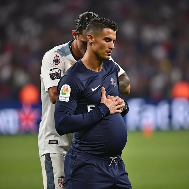 realisic ronaldo pregnant looking sad in a psg kit