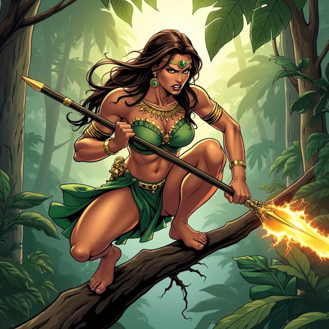 Comic art of a powerful and confident jungle warrior woman superhero with brown hair, a smooth and athletic body that is not overly muscular. She looks angry and frustrated, crouching barefoot on a sturdy tree branch, gripping a spear with a huge blade emitting golden fire powers. Her long, dark hair flows freely, and she wears a green, leaf-inspired outfit that accentuates her toned physique. Golden jewelry, including a necklace, arm bands, and emerald earrings, adorns her body, with a forehead ornament adding to her regal appearance. Her bare feet grip the branch firmly, emphasizing her agility and connection to nature. The lush jungle around her, with large leaves and sunlight filtering through the trees, creates an atmosphere of adventure and mystery as she prepares for the challenges ahead. A dynamic comic-style illustration of a fierce jungle warrior woman superhero, her smooth, athletic body poised in a crouch on a sturdy tree branch. She has brown hair and a powerful, yet not overly muscular physique. Her expression is one of anger and frustration as she grips a spear with a massive blade that crackles with golden fire energy. She wears a green, leaf-inspired outfit that clings to her body, highlighting her strength. Golden jewelry, including a necklace, arm bands, and emerald earrings, adds a touch of elegance, while a forehead ornament crowns her head. Her bare feet are firmly planted on the branch, showing her deep connection to the natural environment. The surrounding jungle is lush and vibrant, with sunlight streaming through the dense foliage, creating an adventurous and mysterious atmosphere. A comic book scene featuring a powerful and confident jungle warrior woman superhero with long brown hair, crouching barefoot on a sturdy tree branch. Her body is smooth and toned, not overly muscular, and she looks angry and frustrated. In one hand, she grips a spear with a huge blade that radiates golden fire powers. Her green, leaf-inspired outfit accentuates her athletic build, and she is adorned with golden jewelry, including a necklace, arm bands, emerald earrings, and a forehead ornament. Her bare feet clutch the branch, reflecting her agility and natural connection. The jungle around her is dense and lush, with large leaves and sunlight filtering through, adding to the scene’s sense of mystery and impending action. An intense comic art depiction of a beautiful and powerful jungle warrior woman superhero. She has brown hair and a smooth, athletic body that is strong but not overly muscular. She crouches barefoot on a sturdy tree branch, her face twisted in anger and frustration. In her hand, she wields a spear with a massive blade that emits fiery golden energy. Her long dark hair flows wildly, and she wears a green, leaf-themed outfit that highlights her toned physique. Golden jewelry, including a necklace, arm bands, and emerald earrings, complements her look, with a delicate forehead ornament adding a regal touch. Her bare feet grip the branch firmly, emphasizing her connection to the natural world. The jungle around her is lush and vibrant, with sunlight filtering through the trees, creating a setting full of adventure and mystery. A comic-style illustration of a confident and powerful jungle warrior woman superhero with long brown hair, crouching barefoot on a sturdy tree branch. Her body is smooth and athletic, with an air of strength and agility, but not overly muscular. She looks angry and frustrated, gripping a spear with a huge blade that crackles with golden fire energy. She wears a green, leaf-inspired outfit that accentuates her physique, and her body is adorned with golden jewelry, including a necklace, arm bands, emerald earrings, and a forehead ornament. Her bare feet cling to the branch, symbolizing her deep connection with the jungle. The surrounding environment is lush and dense, with large leaves and sunlight piercing through, creating a mysterious and adventurous atmosphere as she prepares for the challenges ahead.