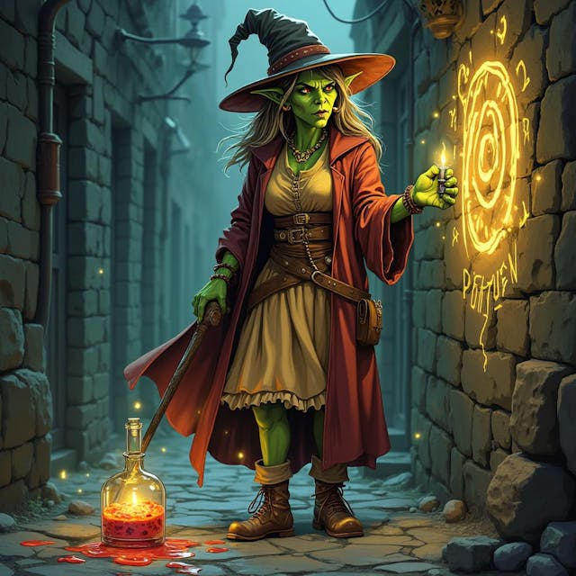 A  detailed DND fantasy full body illustration. A female orc, green skin, she is old. She looks concentrated, small tusks coming up from mouth. She wears a warm colorful wizards outfit and dress. She is a wizard detective who is solving a magical murder with her powers. Standing in a dark cobblestone alley with a spilled potion on the ground and magic glowing runes scribed on the wall.