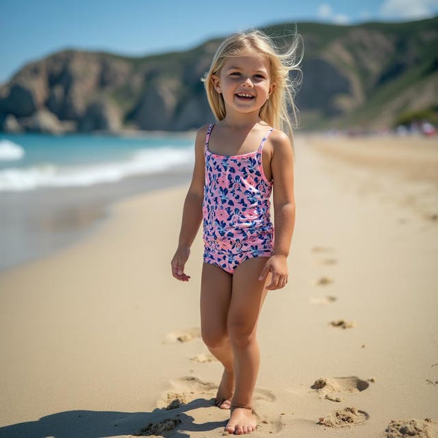 A kid girl wearing a swimsuit on the beach