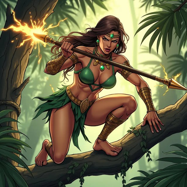 Comic art of a powerful and confident jungle warrior woman superhero with brown hair, a smooth and athletic body that is not overly muscular. She looks angry and frustrated, crouching barefoot on a sturdy tree branch, gripping a spear with a huge blade emitting golden fire powers. Her long, dark hair flows freely, and she wears a green, leaf-inspired outfit that accentuates her toned physique. Golden jewelry, including a necklace, arm bands, and emerald earrings, adorns her body, with a forehead ornament adding to her regal appearance. Her bare feet grip the branch firmly, emphasizing her agility and connection to nature. The lush jungle around her, with large leaves and sunlight filtering through the trees, creates an atmosphere of adventure and mystery as she prepares for the challenges ahead. A dynamic comic-style illustration of a fierce jungle warrior woman superhero, her smooth, athletic body poised in a crouch on a sturdy tree branch. She has brown hair and a powerful, yet not overly muscular physique. Her expression is one of anger and frustration as she grips a spear with a massive blade that crackles with golden fire energy. She wears a green, leaf-inspired outfit that clings to her body, highlighting her strength. Golden jewelry, including a necklace, arm bands, and emerald earrings, adds a touch of elegance, while a forehead ornament crowns her head. Her bare feet are firmly planted on the branch, showing her deep connection to the natural environment. The surrounding jungle is lush and vibrant, with sunlight streaming through the dense foliage, creating an adventurous and mysterious atmosphere. A comic book scene featuring a powerful and confident jungle warrior woman superhero with long brown hair, crouching barefoot on a sturdy tree branch. Her body is smooth and toned, not overly muscular, and she looks angry and frustrated. In one hand, she grips a spear with a huge blade that radiates golden fire powers. Her green, leaf-inspired outfit accentuates her athletic build, and she is adorned with golden jewelry, including a necklace, arm bands, emerald earrings, and a forehead ornament. Her bare feet clutch the branch, reflecting her agility and natural connection. The jungle around her is dense and lush, with large leaves and sunlight filtering through, adding to the scene’s sense of mystery and impending action. An intense comic art depiction of a beautiful and powerful jungle warrior woman superhero. She has brown hair and a smooth, athletic body that is strong but not overly muscular. She crouches barefoot on a sturdy tree branch, her face twisted in anger and frustration. In her hand, she wields a spear with a massive blade that emits fiery golden energy. Her long dark hair flows wildly, and she wears a green, leaf-themed outfit that highlights her toned physique. Golden jewelry, including a necklace, arm bands, and emerald earrings, complements her look, with a delicate forehead ornament adding a regal touch. Her bare feet grip the branch firmly, emphasizing her connection to the natural world. The jungle around her is lush and vibrant, with sunlight filtering through the trees, creating a setting full of adventure and mystery. A comic-style illustration of a confident and powerful jungle warrior woman superhero with long brown hair, crouching barefoot on a sturdy tree branch. Her body is smooth and athletic, with an air of strength and agility, but not overly muscular. She looks angry and frustrated, gripping a spear with a huge blade that crackles with golden fire energy. She wears a green, leaf-inspired outfit that accentuates her physique, and her body is adorned with golden jewelry, including a necklace, arm bands, emerald earrings, and a forehead ornament. Her bare feet cling to the branch, symbolizing her deep connection with the jungle. The surrounding environment is lush and dense, with large leaves and sunlight piercing through, creating a mysterious and adventurous atmosphere as she prepares for the challenges ahead.