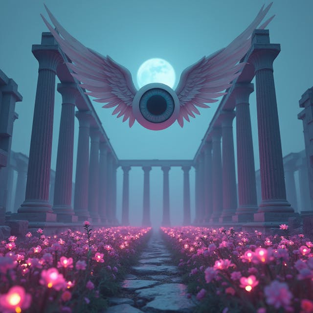 an atmospheric and minimalist pastel 3D rendering evoking a sense of melancholy and nostalgia for a bygone era, a giant eye with wings flies over a field of neon-lit flowers, broken greek columns, ruins, misty weather, vaporwave, retrowave, low poly, night time, mystical, liminal space, ominous, emptiness, melancholic, pastel colors, cult, religious, echoes of the past, unreal engine 5, occult, masterpiece, complex shaders