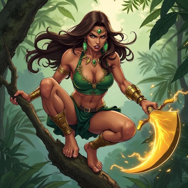 Comic art of a powerful and confident jungle warrior woman superhero with brown hair, a smooth and athletic body that is not overly muscular. She looks angry and frustrated, crouching barefoot on a sturdy tree branch, gripping a spear with a huge blade emitting golden fire powers. Her long, dark hair flows freely, and she wears a green, leaf-inspired outfit that accentuates her toned physique. Golden jewelry, including a necklace, arm bands, and emerald earrings, adorns her body, with a forehead ornament adding to her regal appearance. Her bare feet grip the branch firmly, emphasizing her agility and connection to nature. The lush jungle around her, with large leaves and sunlight filtering through the trees, creates an atmosphere of adventure and mystery as she prepares for the challenges ahead. A dynamic comic-style illustration of a fierce jungle warrior woman superhero, her smooth, athletic body poised in a crouch on a sturdy tree branch. She has brown hair and a powerful, yet not overly muscular physique. Her expression is one of anger and frustration as she grips a spear with a massive blade that crackles with golden fire energy. She wears a green, leaf-inspired outfit that clings to her body, highlighting her strength. Golden jewelry, including a necklace, arm bands, and emerald earrings, adds a touch of elegance, while a forehead ornament crowns her head. Her bare feet are firmly planted on the branch, showing her deep connection to the natural environment. The surrounding jungle is lush and vibrant, with sunlight streaming through the dense foliage, creating an adventurous and mysterious atmosphere. A comic book scene featuring a powerful and confident jungle warrior woman superhero with long brown hair, crouching barefoot on a sturdy tree branch. Her body is smooth and toned, not overly muscular, and she looks angry and frustrated. In one hand, she grips a spear with a huge blade that radiates golden fire powers. Her green, leaf-inspired outfit accentuates her athletic build, and she is adorned with golden jewelry, including a necklace, arm bands, emerald earrings, and a forehead ornament. Her bare feet clutch the branch, reflecting her agility and natural connection. The jungle around her is dense and lush, with large leaves and sunlight filtering through, adding to the scene’s sense of mystery and impending action. An intense comic art depiction of a beautiful and powerful jungle warrior woman superhero. She has brown hair and a smooth, athletic body that is strong but not overly muscular. She crouches barefoot on a sturdy tree branch, her face twisted in anger and frustration. In her hand, she wields a spear with a massive blade that emits fiery golden energy. Her long dark hair flows wildly, and she wears a green, leaf-themed outfit that highlights her toned physique. Golden jewelry, including a necklace, arm bands, and emerald earrings, complements her look, with a delicate forehead ornament adding a regal touch. Her bare feet grip the branch firmly, emphasizing her connection to the natural world. The jungle around her is lush and vibrant, with sunlight filtering through the trees, creating a setting full of adventure and mystery. A comic-style illustration of a confident and powerful jungle warrior woman superhero with long brown hair, crouching barefoot on a sturdy tree branch. Her body is smooth and athletic, with an air of strength and agility, but not overly muscular. She looks angry and frustrated, gripping a spear with a huge blade that crackles with golden fire energy. She wears a green, leaf-inspired outfit that accentuates her physique, and her body is adorned with golden jewelry, including a necklace, arm bands, emerald earrings, and a forehead ornament. Her bare feet cling to the branch, symbolizing her deep connection with the jungle. The surrounding environment is lush and dense, with large leaves and sunlight piercing through, creating a mysterious and adventurous atmosphere as she prepares for the challenges ahead.