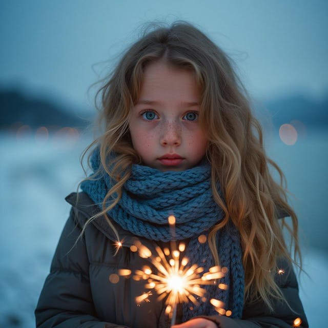 Highly detailed professional close-up photograph of a beautiful young girl, fair skinned, with long curly blond hair, holding fireworks, blue winter scarf, by the sea, soft moonlight, minimalist aesthetic, natural light, soft, Kodak Portra 400, film photography

Download DesignShare