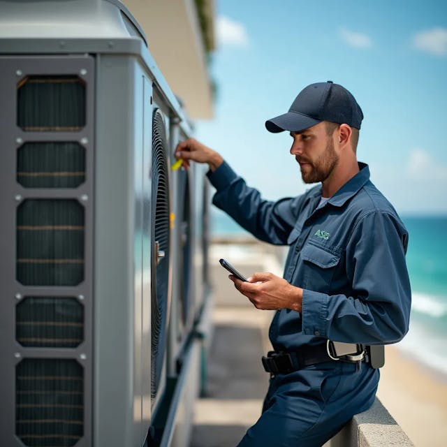 a technician with an iphone on his hand doing maintenance on an industrial hvac machine on the rooftop of an hotel on the beach