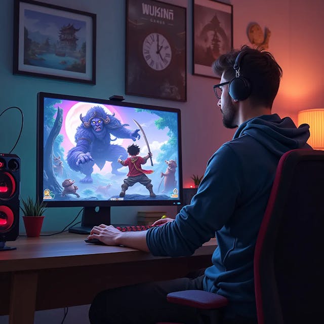 [Opening Scene] [Background Music: Upbeat] [Scene: Cozy gaming setup with a guy in front of a computer.] [Text Overlay: “Game Review: Black Myth: Wukong”] [Guy]: “Hey gamers! Today, we’re diving into ‘Black Myth: Wukong’ by Game Science. Stunning visuals, smooth controls, and strategic combat make this a must-play. The transformation mechanic is a standout feature. Minor issues like frame rate drops exist, but overall, it’s a solid game. Like and subscribe for more reviews!” [Text Overlay: “Subscribe Now!”] [Background Music: Fades Out]