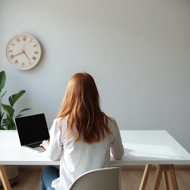 back view of female website designer typing on laptop on white table, stock photography, minimalism, working on laptop at table