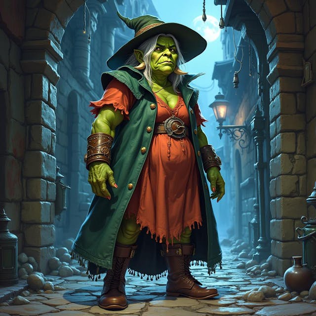 A  detailed Dungeons and Dragons fantasy full body illustration. A female orc, green skin, she is old. She looks concentrated but approachable, she is tall and round, tusks on each side of her mouth. She wears a warm colorful wizards dress and hat. She is a detective who is solving a magical murder with her powers. Standing in a dark scary cobblestone alley with a spilled potion on the ground and magic glowing runes scribed on the wall.