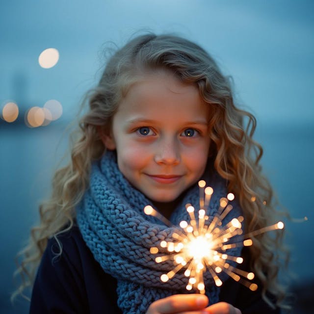 Highly detailed professional close-up photograph of a beautiful young girl, fair skinned, with long curly blond hair, holding fireworks, blue winter scarf, by the sea, soft moonlight, minimalist aesthetic, natural light, soft, Kodak Portra 400, film photography