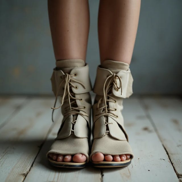 Scandinavian girl wearing  confinement shoes, oped toed, ankle cuffs implemented, feet visible inside shoes.