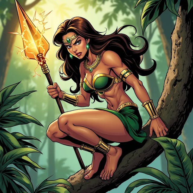 Comic art of a powerful and confident jungle warrior woman superhero with brown hair, a smooth and athletic body that is not overly muscular. She looks angry and frustrated, crouching barefoot on a sturdy tree branch, gripping a spear with a huge blade emitting golden fire powers. Her long, dark hair flows freely, and she wears a green, leaf-inspired outfit that accentuates her toned physique. Golden jewelry, including a necklace, arm bands, and emerald earrings, adorns her body, with a forehead ornament adding to her regal appearance. Her bare feet grip the branch firmly, emphasizing her agility and connection to nature. The lush jungle around her, with large leaves and sunlight filtering through the trees, creates an atmosphere of adventure and mystery as she prepares for the challenges ahead. A dynamic comic-style illustration of a fierce jungle warrior woman superhero, her smooth, athletic body poised in a crouch on a sturdy tree branch. She has brown hair and a powerful, yet not overly muscular physique. Her expression is one of anger and frustration as she grips a spear with a massive blade that crackles with golden fire energy. She wears a green, leaf-inspired outfit that clings to her body, highlighting her strength. Golden jewelry, including a necklace, arm bands, and emerald earrings, adds a touch of elegance, while a forehead ornament crowns her head. Her bare feet are firmly planted on the branch, showing her deep connection to the natural environment. The surrounding jungle is lush and vibrant, with sunlight streaming through the dense foliage, creating an adventurous and mysterious atmosphere. A comic book scene featuring a powerful and confident jungle warrior woman superhero with long brown hair, crouching barefoot on a sturdy tree branch. Her body is smooth and toned, not overly muscular, and she looks angry and frustrated. In one hand, she grips a spear with a huge blade that radiates golden fire powers. Her green, leaf-inspired outfit accentuates her athletic build, and she is adorned with golden jewelry, including a necklace, arm bands, emerald earrings, and a forehead ornament. Her bare feet clutch the branch, reflecting her agility and natural connection. The jungle around her is dense and lush, with large leaves and sunlight filtering through, adding to the scene’s sense of mystery and impending action. An intense comic art depiction of a beautiful and powerful jungle warrior woman superhero. She has brown hair and a smooth, athletic body that is strong but not overly muscular. She crouches barefoot on a sturdy tree branch, her face twisted in anger and frustration. In her hand, she wields a spear with a massive blade that emits fiery golden energy. Her long dark hair flows wildly, and she wears a green, leaf-themed outfit that highlights her toned physique. Golden jewelry, including a necklace, arm bands, and emerald earrings, complements her look, with a delicate forehead ornament adding a regal touch. Her bare feet grip the branch firmly, emphasizing her connection to the natural world. The jungle around her is lush and vibrant, with sunlight filtering through the trees, creating a setting full of adventure and mystery. A comic-style illustration of a confident and powerful jungle warrior woman superhero with long brown hair, crouching barefoot on a sturdy tree branch. Her body is smooth and athletic, with an air of strength and agility, but not overly muscular. She looks angry and frustrated, gripping a spear with a huge blade that crackles with golden fire energy. She wears a green, leaf-inspired outfit that accentuates her physique, and her body is adorned with golden jewelry, including a necklace, arm bands, emerald earrings, and a forehead ornament. Her bare feet cling to the branch, symbolizing her deep connection with the jungle. The surrounding environment is lush and dense, with large leaves and sunlight piercing through, creating a mysterious and adventurous atmosphere as she prepares for the challenges ahead.