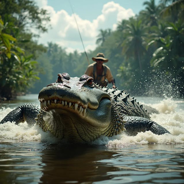 a huge alligator measuring approximately 7 meters long ferociously attacks a fishing boat on a river in the middle of the Amazon rainforest