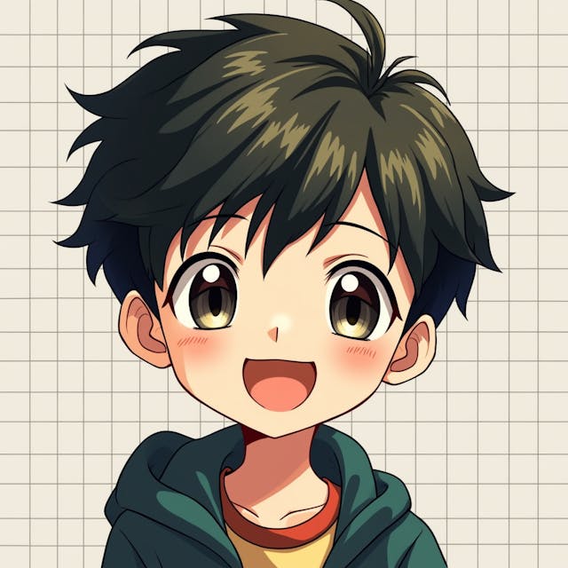 a boys, portrait, anime, happy, cartoon ,cover, vector, poster, 2d, with the background has a grid below the boy