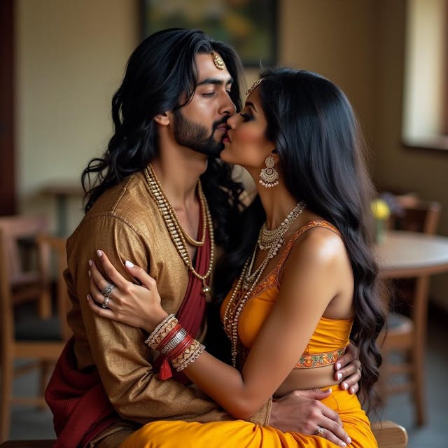 Beautiful Indian woman hugging a young man sitting on her lap. She looks up seriously as the young man kisses her neck.  She has black very long fantasy hair.  Both of them are sitting on a wooden table wearing traditional Indian attire.