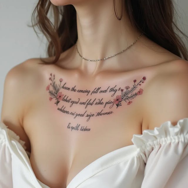 Elegant script tattoo spanning the length of the collarbone, featuring a delicate, flowing quote in cursive font. Small, intricately detailed wildflowers and leaves intertwine with the text, creating a harmonious blend of words and nature. The design follows the natural curve of the collarbone, extending from just below the hollow of the throat to the outer edge of the shoulder. Tattoo measures approximately 6-8 inches in length, with a slim profile of 1-1.5 inches in height. Executed in fine black linework for a timeless, minimalist aesthetic. The script appears as if written with a quill pen, with subtle variations in line thickness. Flowers include tiny daisies, forget-me-nots, and delicate ferns, rendered in a botanical illustration style. The overall composition evokes a sense of femininity, grace, and personal significance. The tattoo's placement and design create a subtle yet eye-catching effect, drawing attention to the elegant lines of the collarbone and enhancing the wearer's natural beauty.