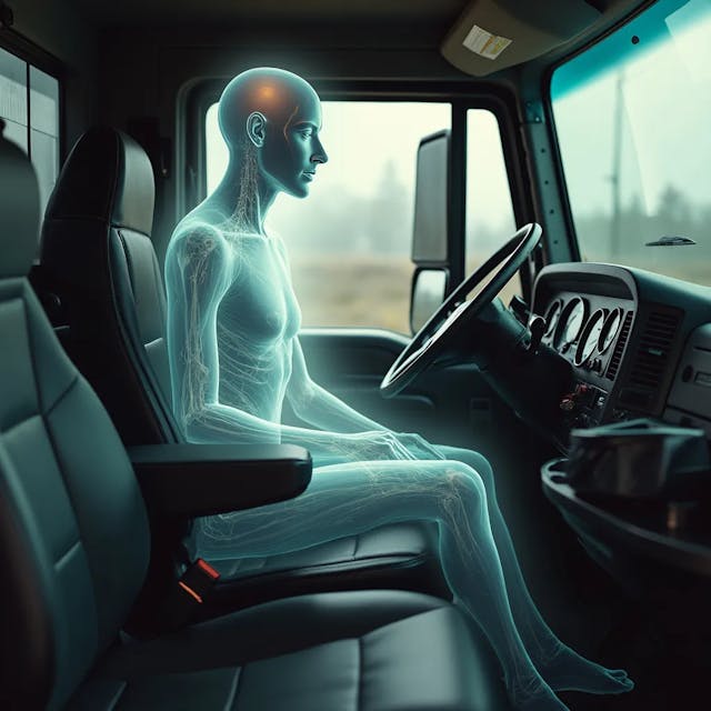 generate an image of a translucent, human-looking ghost sitting in the passenger seat of a large truck