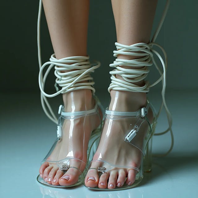 Girls feet confined in translucent futuristic shoes toes in toe rings, electrical remote cuffed. Shoes are locked up around the ankles. Electrical wires around feet.