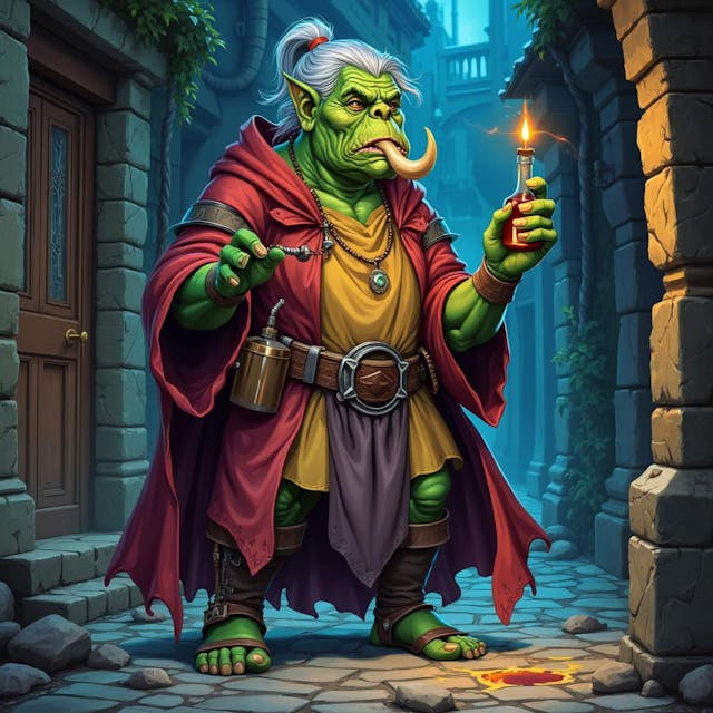 A  detailed DND fantasy full body illustration. A female orc, green skin, she is old. She looks concentrated, she is tall and round, tusks coming up from mouth. She wears a warm colorful wizards outfit and dress. She is a wizard detective who is solving a magical murder with her powers. Standing in a dark scary cobblestone alley with a spilled potion on the ground and magic glowing runes scribed on the wall.