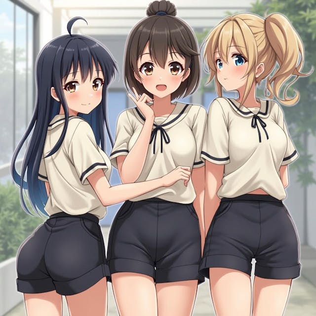 3 girls wearing short shorts