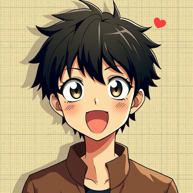 a boys, portrait, anime, happy, cartoon ,cover, vector, poster, 2d, with the background has a grid below the boy