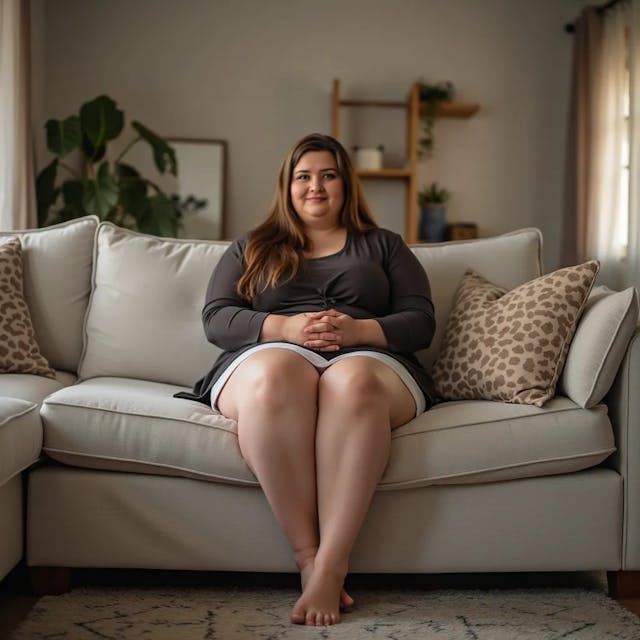 A thick-legged woman is sitting on the couch with her legs crossed.